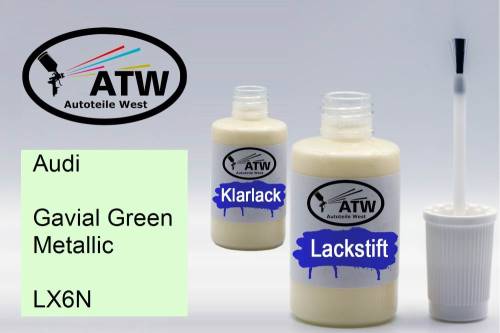 Audi, Gavial Green Metallic, LX6N: 20ml Lackstift + 20ml Klarlack - Set, von ATW Autoteile West.